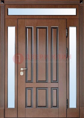 Железная дверь со стеклом и фрамугами в коричневом цвете ДФГ-8 в Ногинске