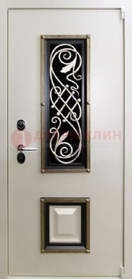 Белая стальная дверь с ковкой со стеклопакетом и МДФ ДК-30 в Ногинске