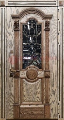 Железная дверь с массивом дуба со стеклом и ковкой ДМД-47 в Ногинске
