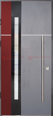 Серая входная дверь с порошковым окрасом и красной вставкой ДП-175 в Ногинске