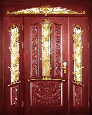 Бордовая железная парадная дверь со стеклом и ковкой ДПР-75 в Ногинске