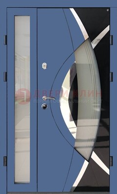 Синяя металлическая дверь со стеклом и узором ДС-13 в Ногинске