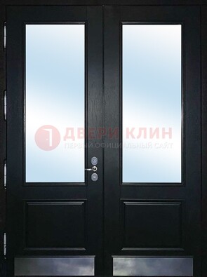 Черная двухстворчатая металлическая дверь со стеклом ДС-25 в Ногинске