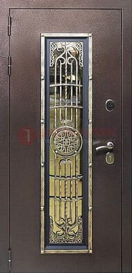 Железная дверь цвета медный антик со стеклом и ковкой ДСК-105 в Ногинске