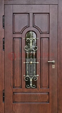 Cтальная дверь со стеклом и ковкой в коричневом цвете ДСК-119 в Ногинске
