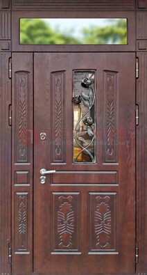 Коричневая железная дверь со стеклом и ковкой на улицу ДСК-127 в Ногинске