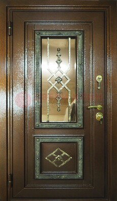 Теплая входная дверь со стеклом и ковкой разноцветной ДСК-13 в Ногинске
