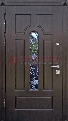 Металлическая дверь со стеклом и ковкой в цвете венге ДСК-142 в Ногинске