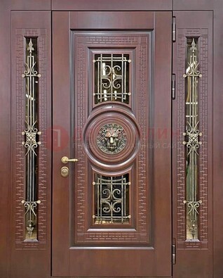 Коричневая стальная дверь со стеклом и ковкой ДСК-147 с фрамугами в Ногинске