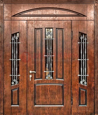 Стальная дверь со стеклом и ковкой с фрамугами ДСК-149 коричневая в Ногинске
