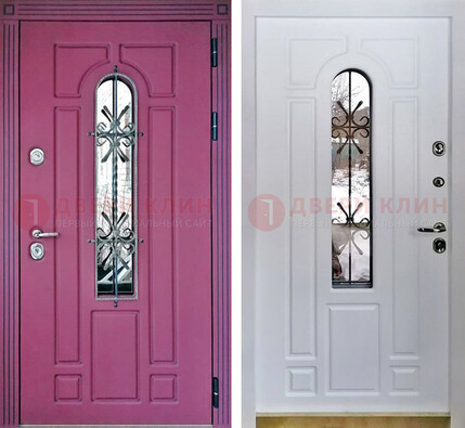Розовая металлическая дверь со стеклом и ковкой ДСК-151 в Ногинске