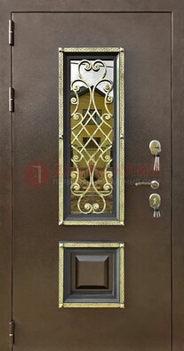 Входная дверь порошок со стеклом и ковкой для коттеджа ДСК-166 в Ногинске
