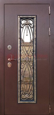 Коричневая стальная дверь порошок со стеклом и ковкой для дома ДСК-169 во Владимире