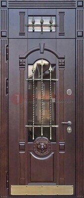 Металлическая дверь массив со стеклом и ковкой с фрамугой ДСК-249 в Ногинске