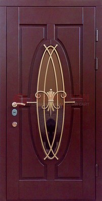 Бордовая стальная дверь Винорит со стеклом и ковкой ДСК-263 в Ногинске