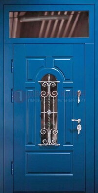 Синяя железная филенчатая дверь со стеклом и ковкой ДСК-97 в Ногинске