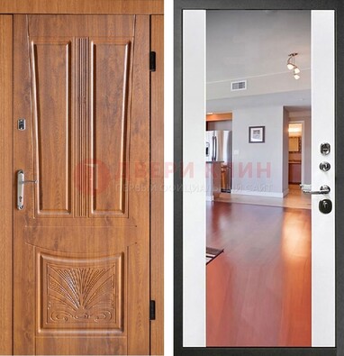 Входная коричневая дверь терморазрыв c виноритом и белая МДФ c зеркалом ДЗ-123 в Ногинске