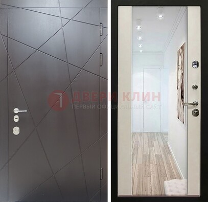 Железная коричневая дверь со светлой МДФ внутри и зеркалом ДЗ-125 в Ногинске