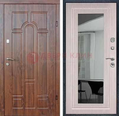 Входная коричневая дверь с МДФ Белый дуб и зеркалом ДЗ-126 в Ногинске