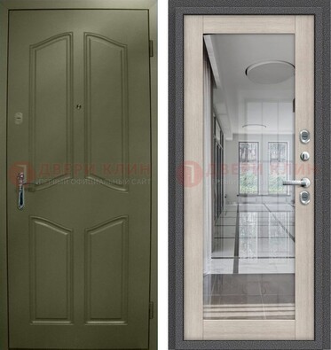 Зеленая стальная дверь с МДФ панелями и зеркалом ДЗ-137 в Ногинске