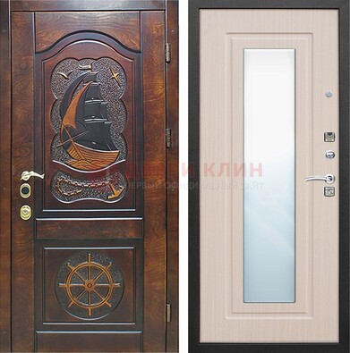 Темная дверь с резьбой и зеркалом внутри ДЗ-49 в Ногинске