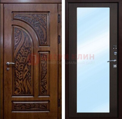 Коричневая входная дверь c узором и виноритом МДФ с зеркалом ДЗ-98 в Ногинске
