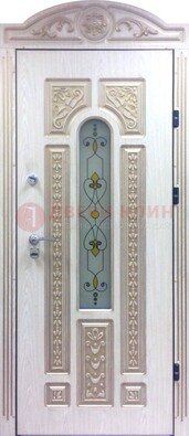 Белая железная дверь с МДФ и витражом ВЖ-26 в Ногинске