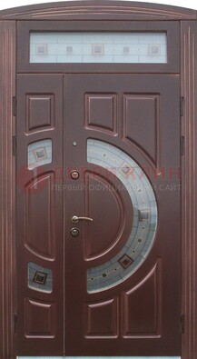 Коричневая двухстворчатая железная дверь с МДФ и витражом ВЖ-29 в Ногинске