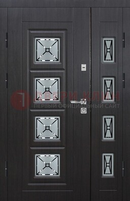 Чёрная двухстворчатая железная дверь с МДФ и витражом ВЖ-35 в Ногинске